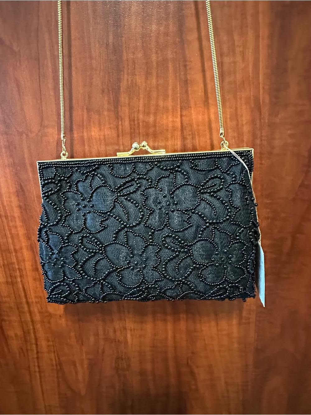 Bechamel Elegant Black Beaded Floral Evening Clutch with Gold Chain NWT